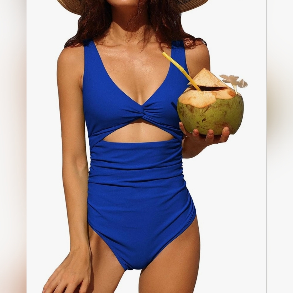 NWT Charmo Ruched Tummy Control High Cut Backless V Neck Swim (Size: L)
